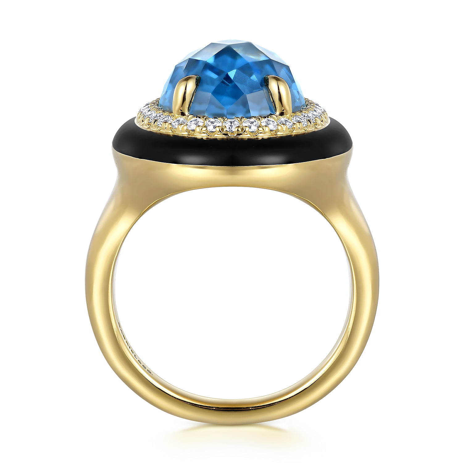 Diamond and Blue Topaz Cocktail Ring with Black Enamel in 14K Yellow Gold, photograph 2