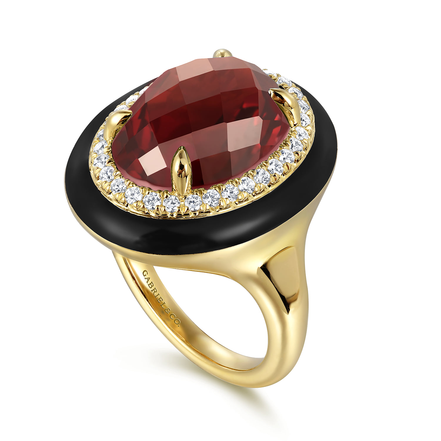 Diamond and Garnet Cocktail Ring with Black Enamel in 14K Yellow Gold, photograph 3