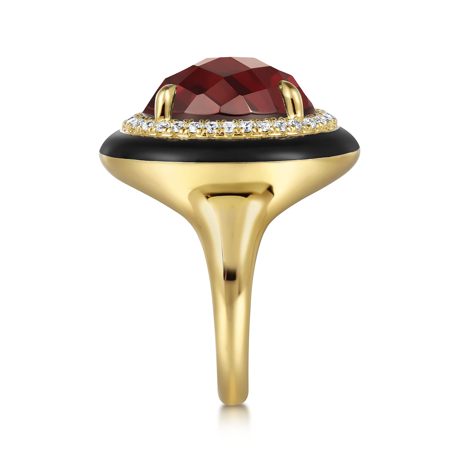 Diamond and Garnet Cocktail Ring with Black Enamel in 14K Yellow Gold, photograph 4