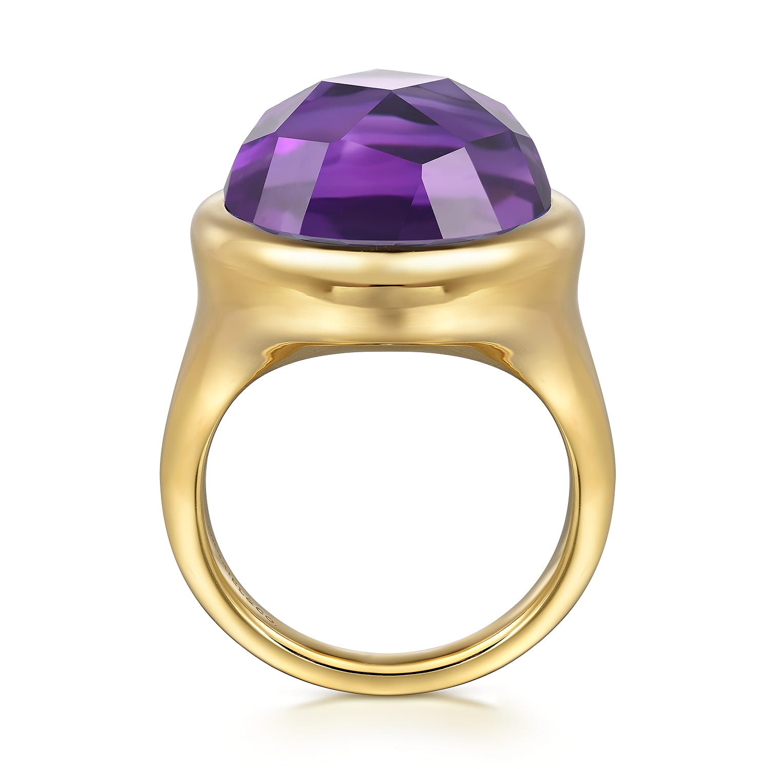 Amethyst Round Shape Ladies Ring With Flower Pattern J-Back in 14K Yellow Gold, photograph 2