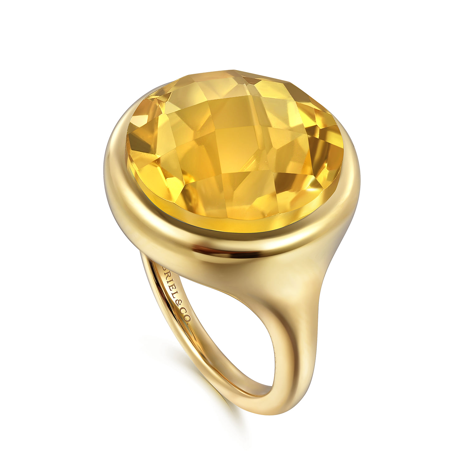 Citrine Round Shape Ladies Ring With Flower Pattern J-Back in 14K Yellow Gold, photograph 3