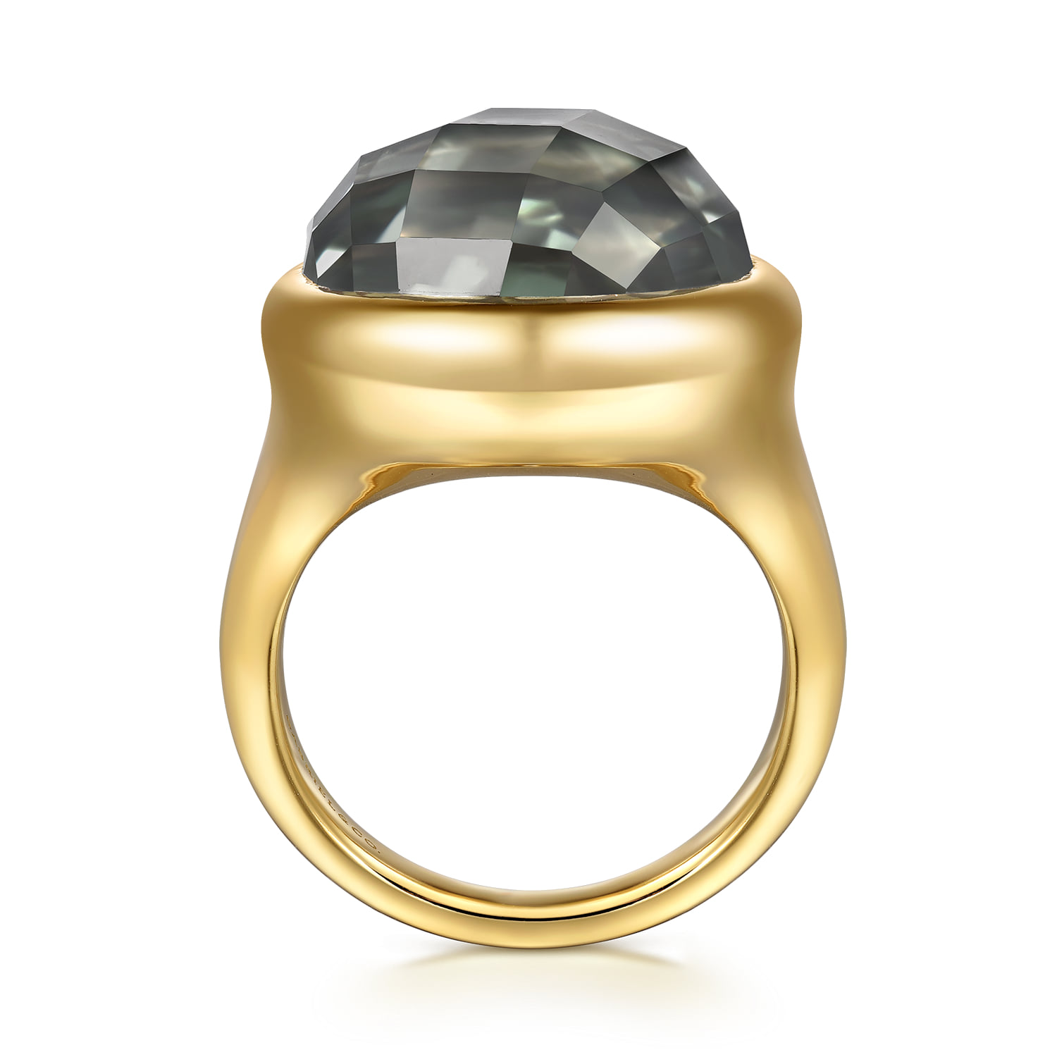 Green Amethyst Round Shape Ladies Ring With Flower Pattern J-Back in 14K Yellow Gold, photograph 2