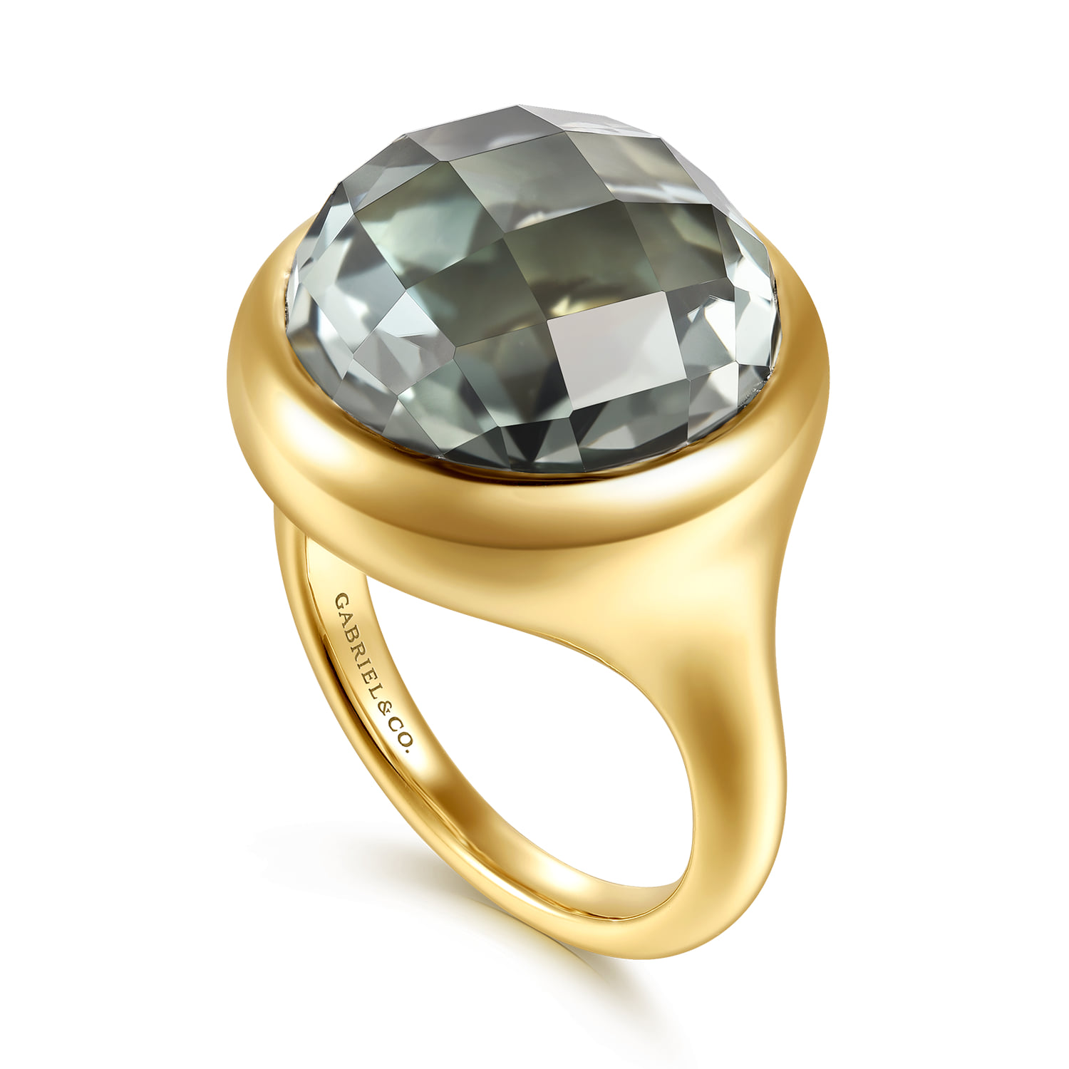 Green Amethyst Round Shape Ladies Ring With Flower Pattern J-Back in 14K Yellow Gold, photograph 3