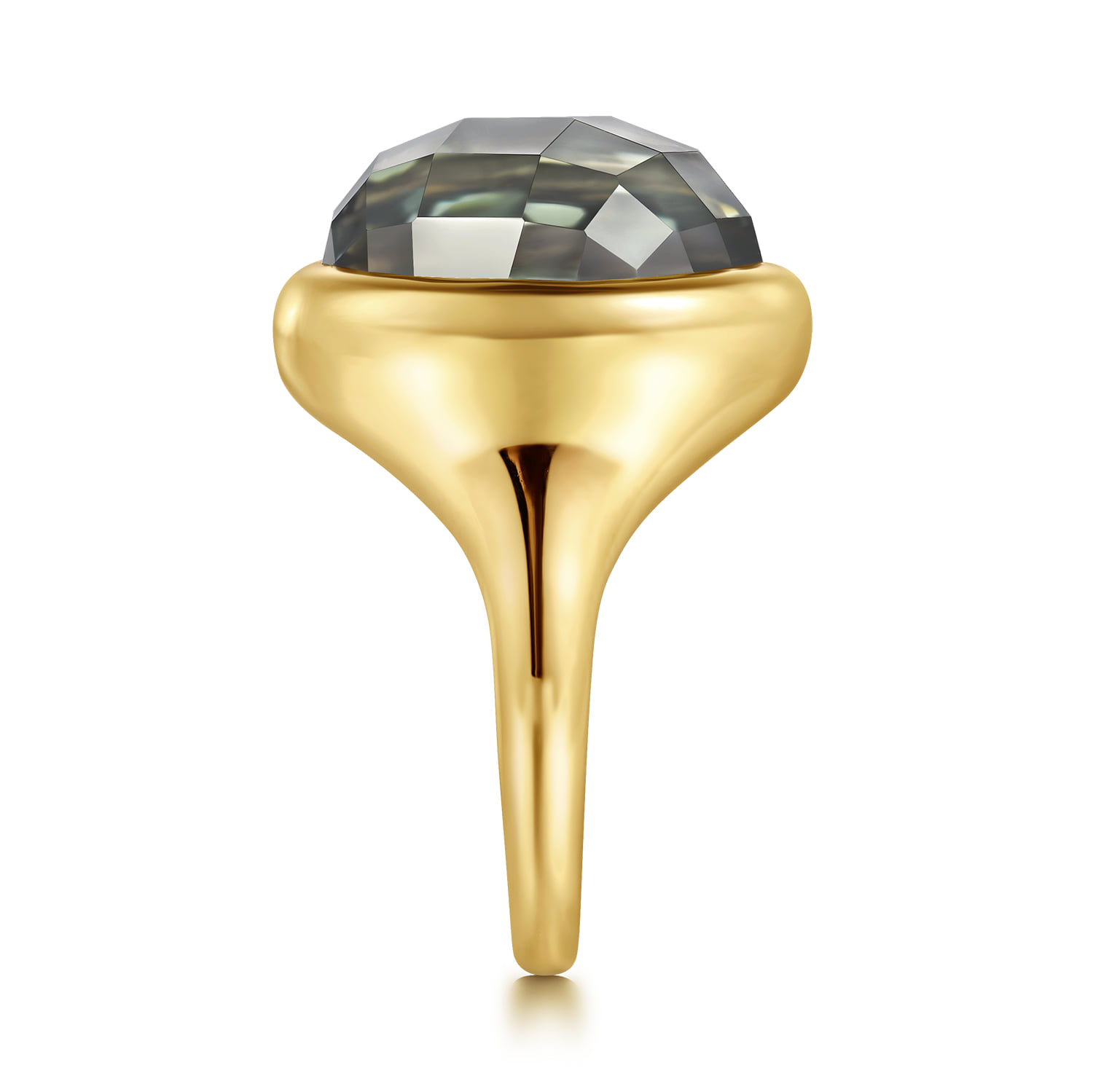 Green Amethyst Round Shape Ladies Ring With Flower Pattern J-Back in 14K Yellow Gold, photograph 4