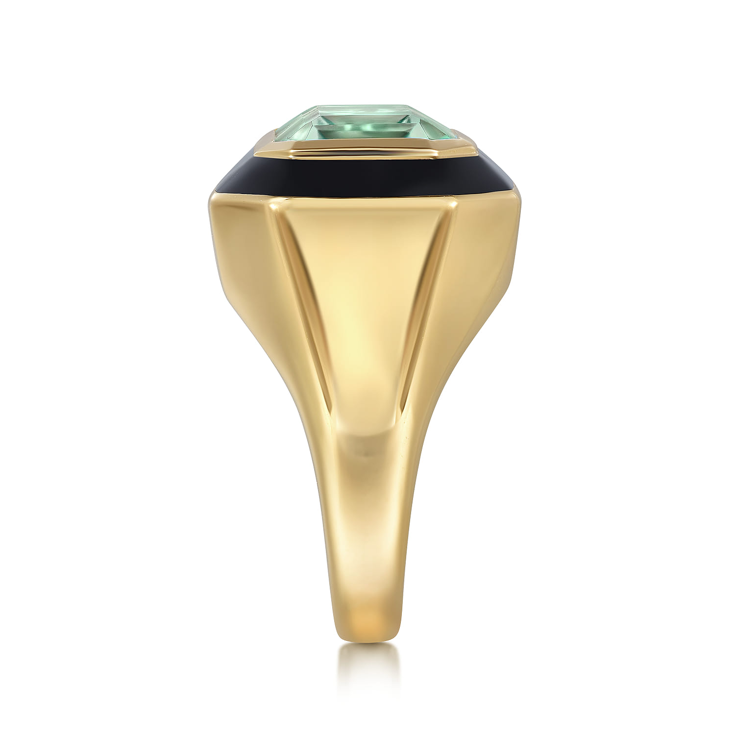 Green Amethyst Cocktail Ring with Black Enamel in 14K Yellow Gold, photograph 4