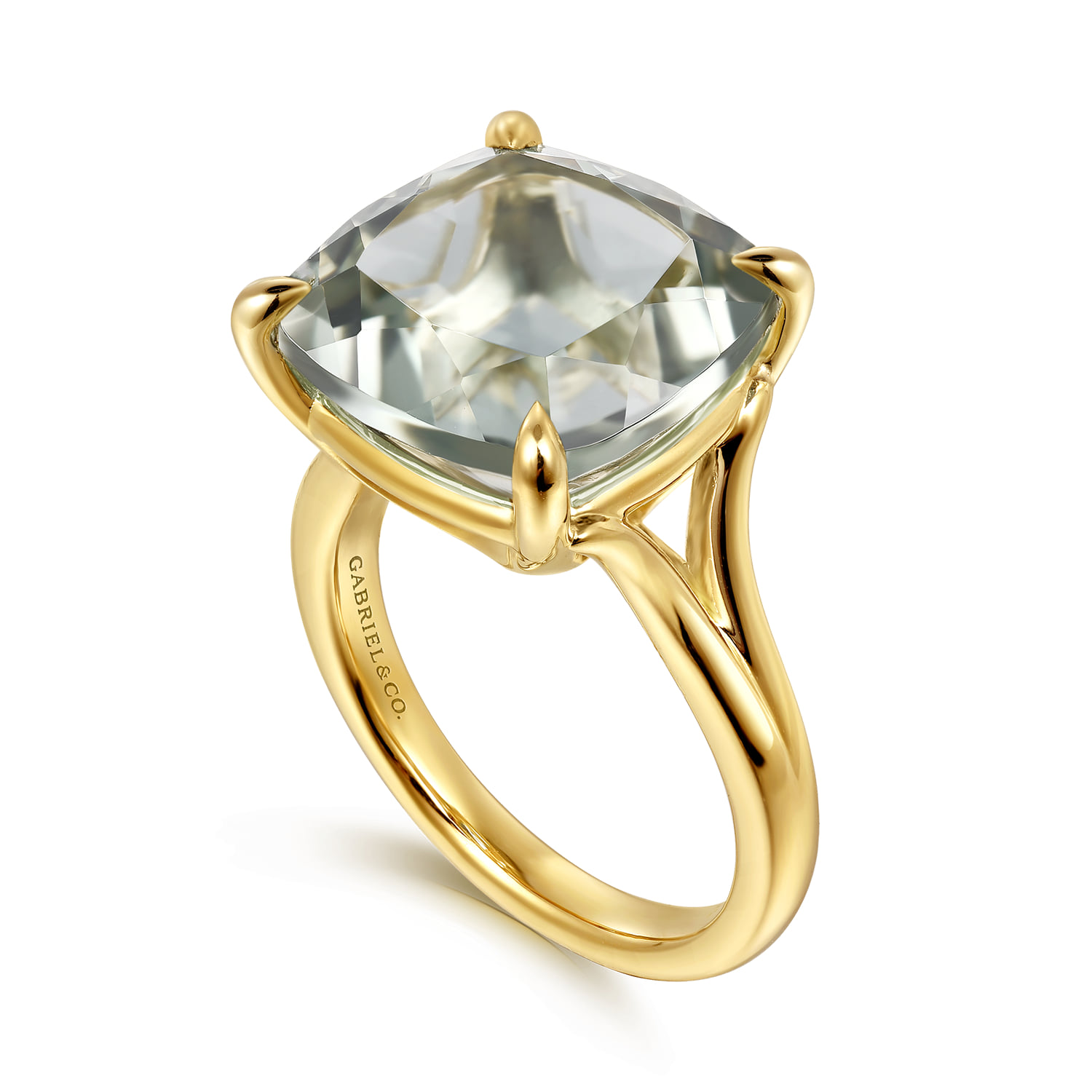 Cushion Cut Green Amethyst Ladies Ring in 14K Yellow Gold, photograph 3