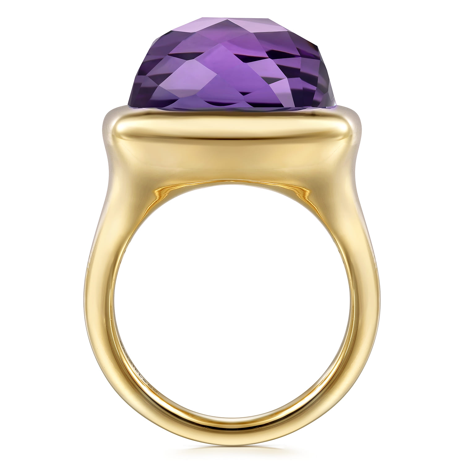 Cushion Cut Amethyst Ladies Ring With Flower Pattern J-Back in 14K Yellow Gold, photograph 2