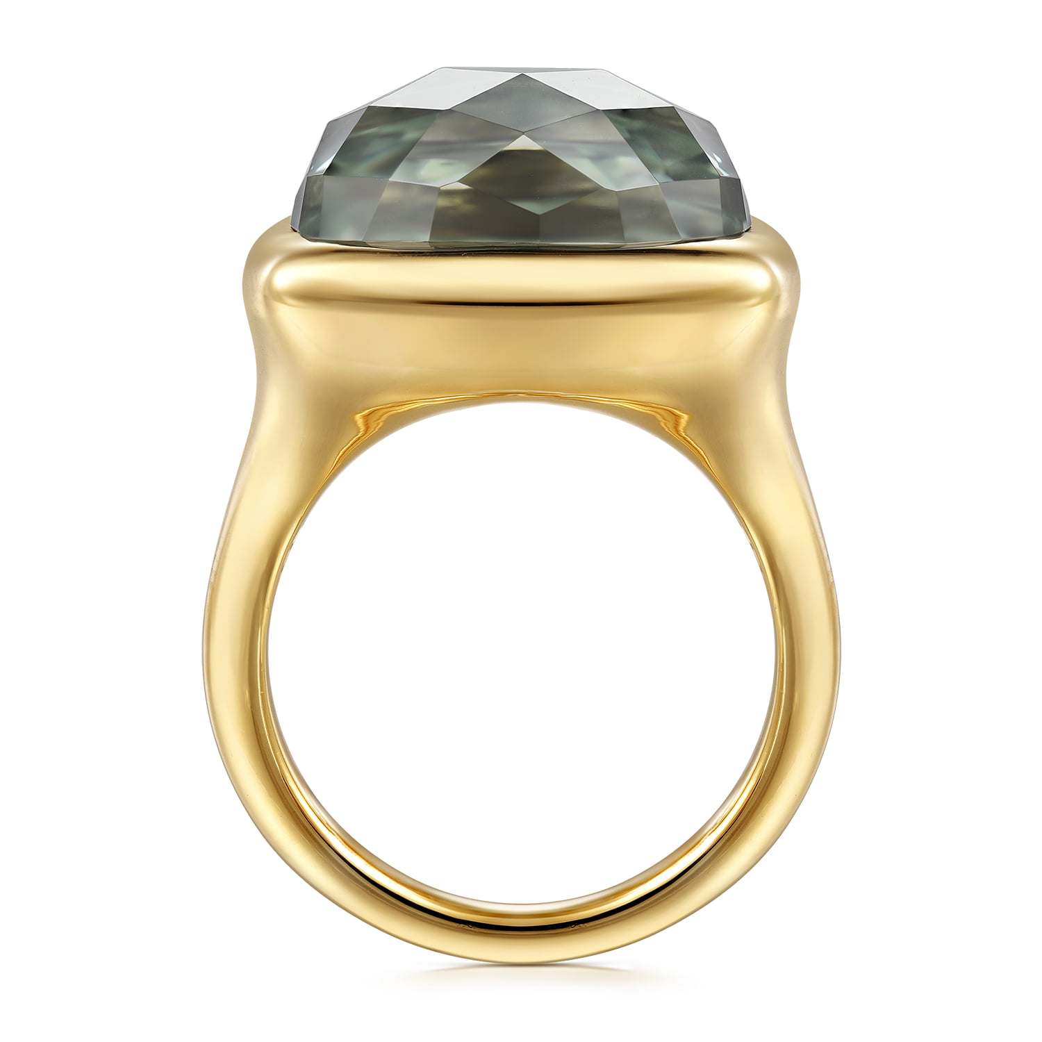Cushion Cut Green Amethyst Ladies Ring With Flower Pattern J-Back in 14K Yellow Gold, photograph 2