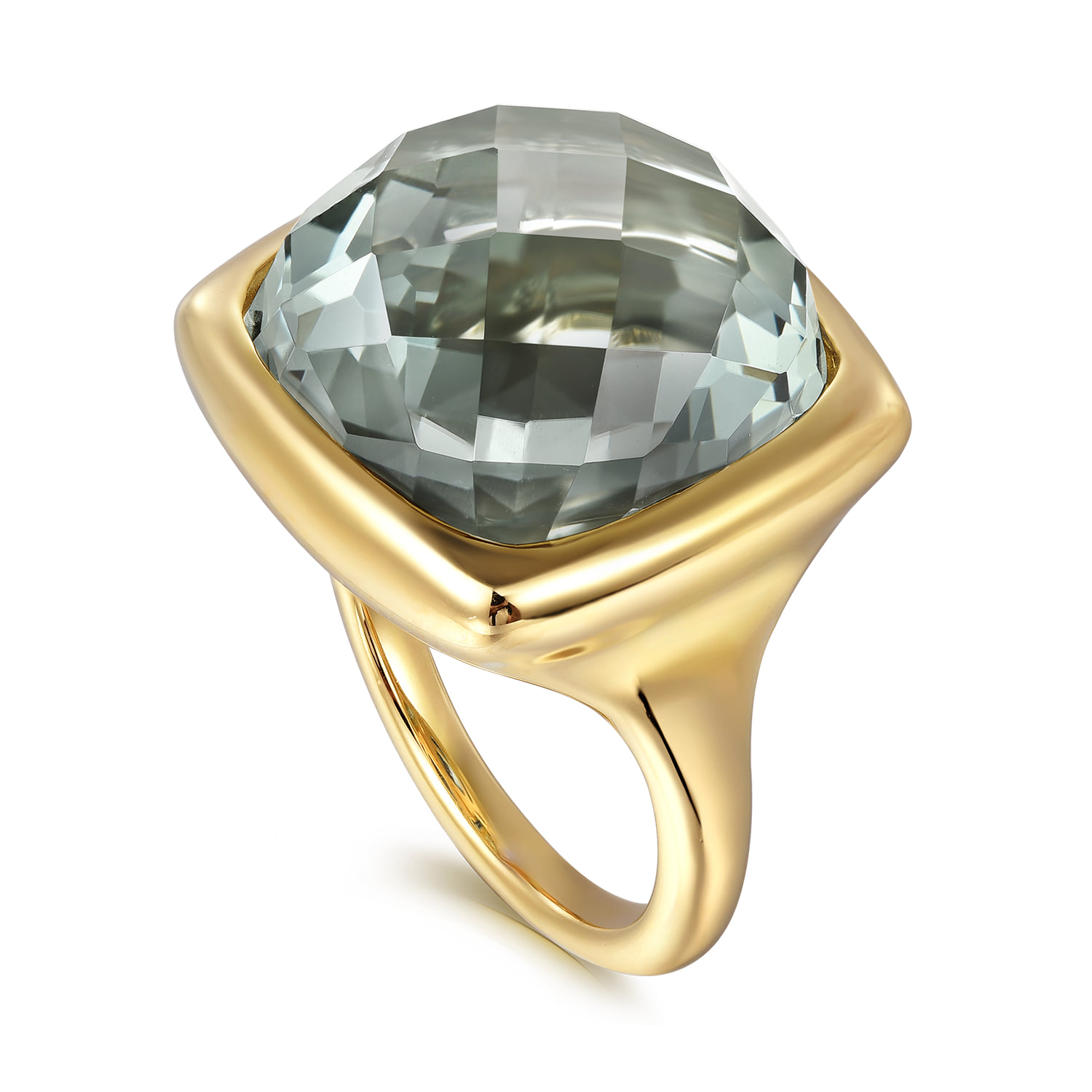 Cushion Cut Green Amethyst Ladies Ring With Flower Pattern J-Back in 14K Yellow Gold, photograph 3