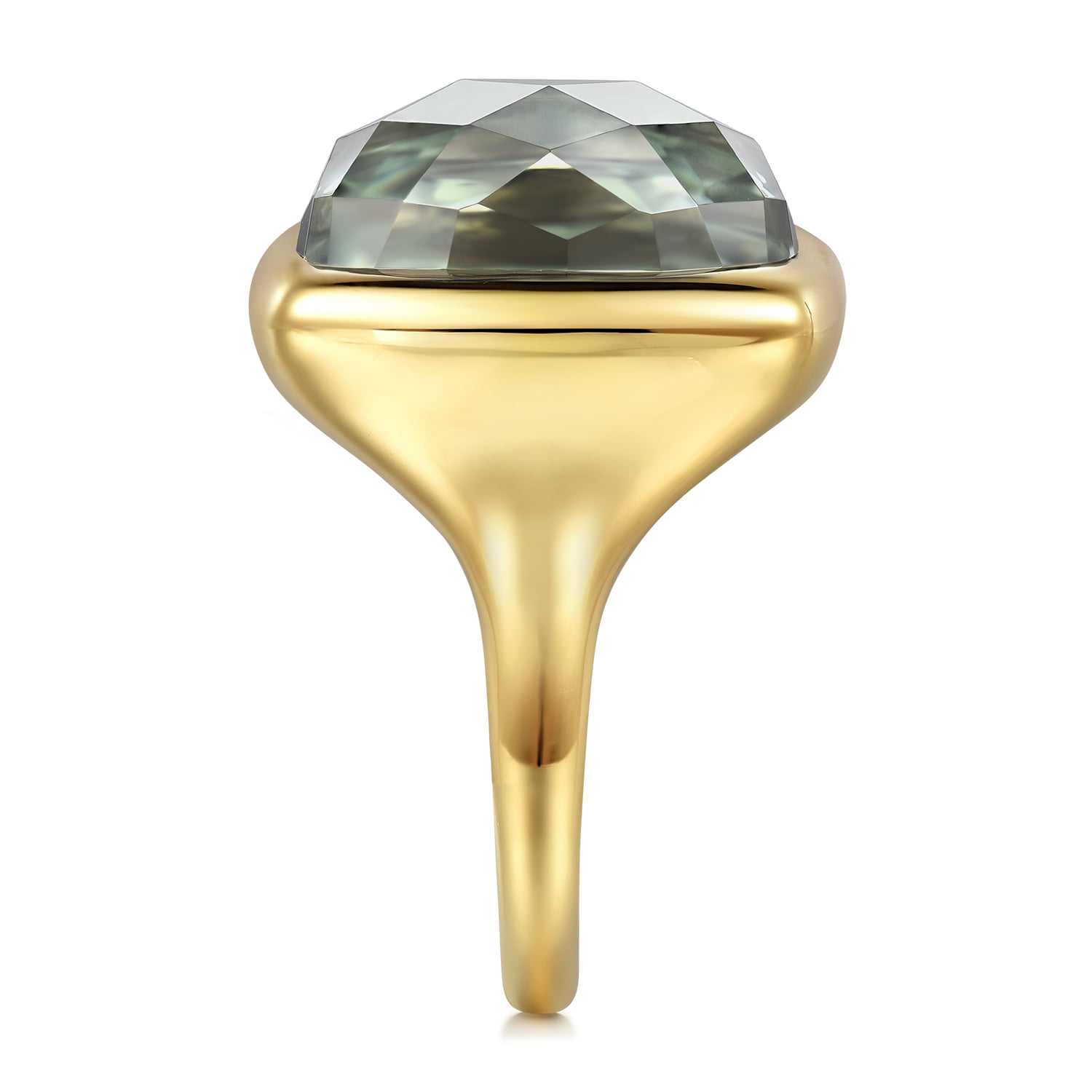 Cushion Cut Green Amethyst Ladies Ring With Flower Pattern J-Back in 14K Yellow Gold, photograph 4