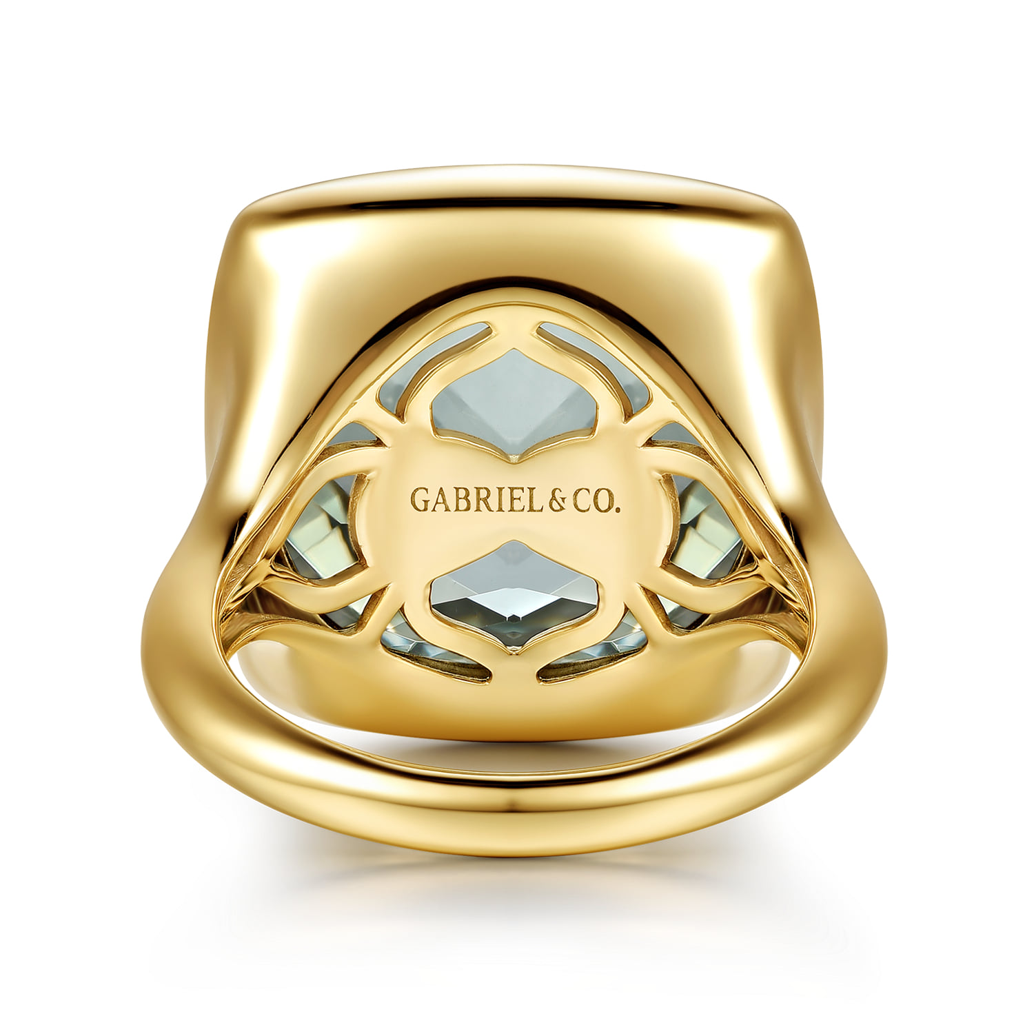 Cushion Cut Green Amethyst Ladies Ring with Flower Pattern J-Back in 14K Yellow Gold, photograph 6