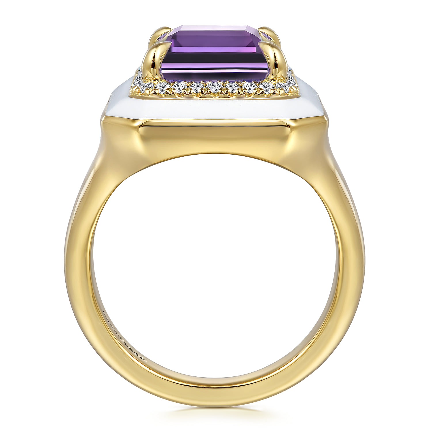 Diamond Halo and Amethyst Cocktail Ring with White Enamel in 14K Yellow Gold, photograph 2