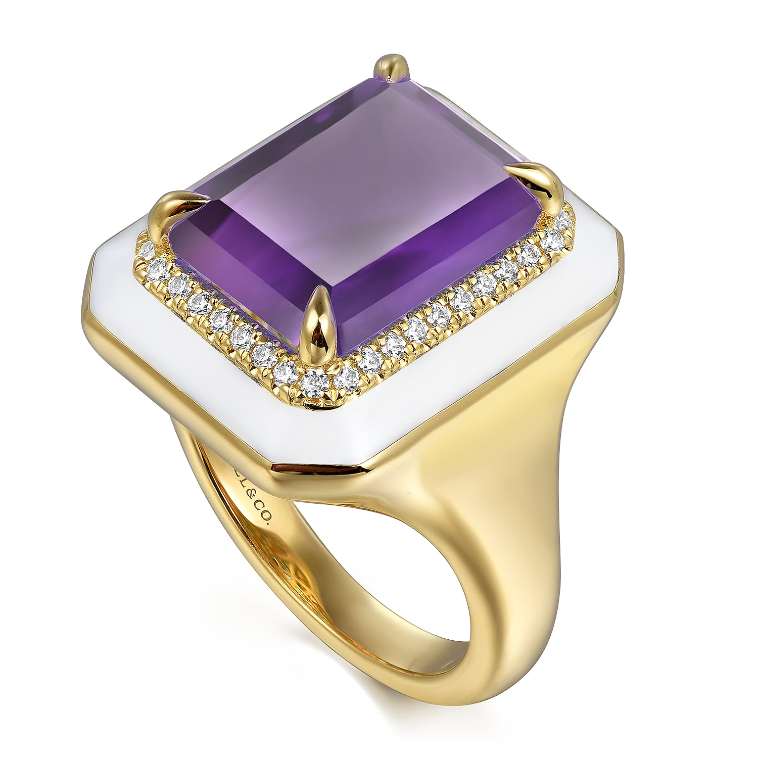Diamond Halo and Amethyst Cocktail Ring with White Enamel in 14K Yellow Gold, photograph 3