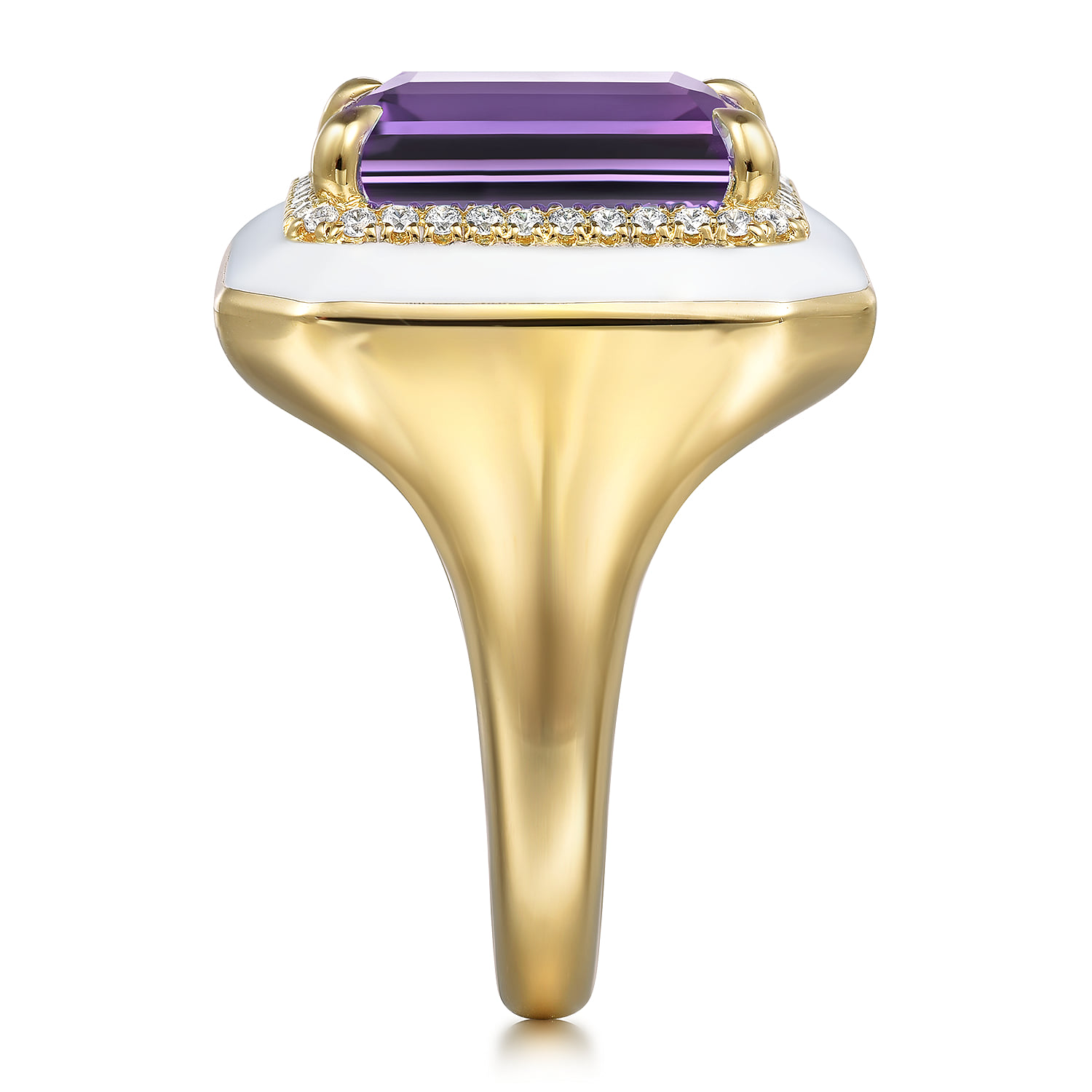 Diamond Halo and Amethyst Cocktail Ring with White Enamel in 14K Yellow Gold, photograph 4