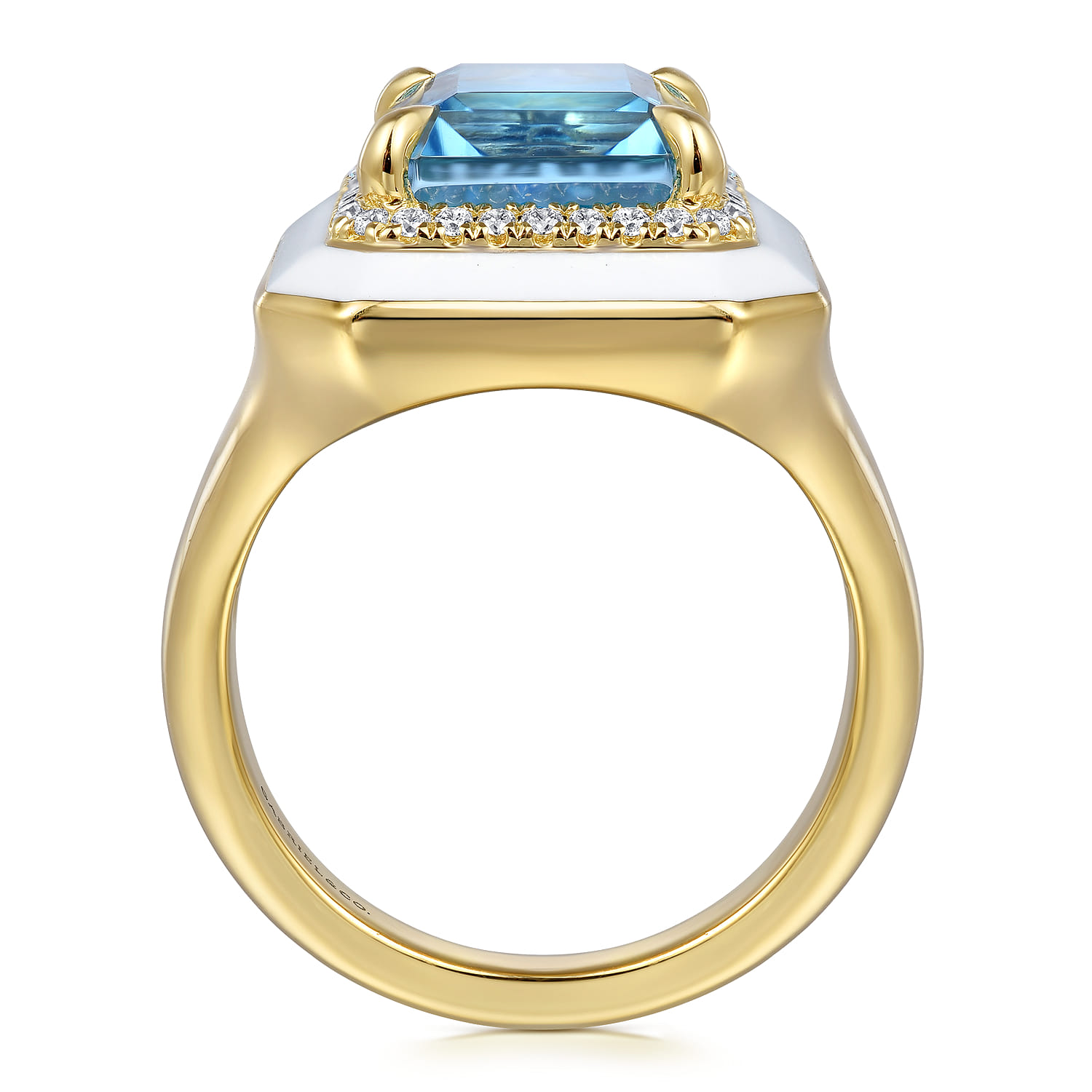 Diamond Halo and Blue Topaz Cocktail Ring with White Enamel in 14K Yellow Gold, photograph 2
