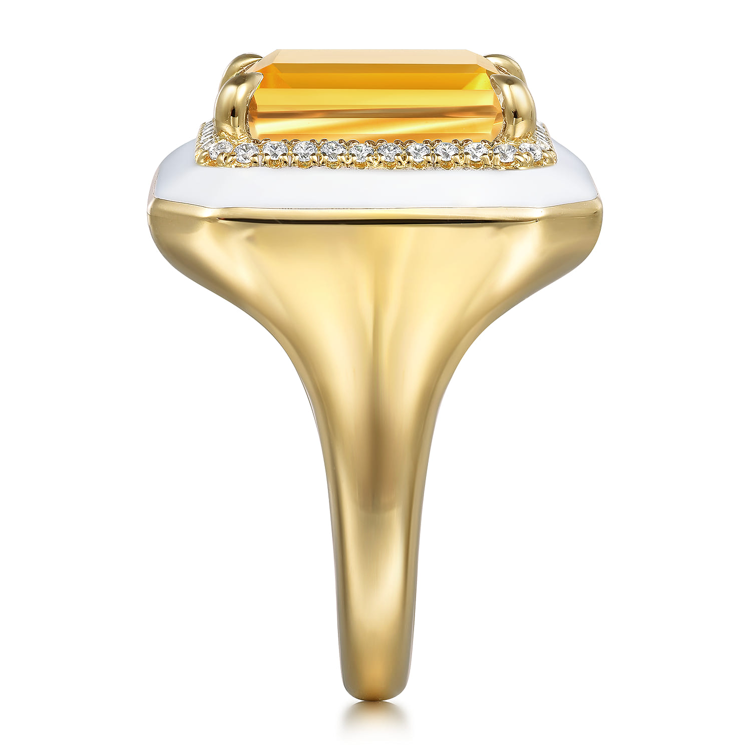 Diamond Halo and Citrine Cocktail Ring with White Enamel in 14K Yellow Gold, photograph 4