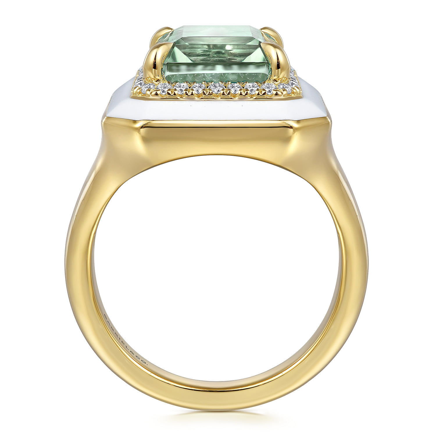 Diamond Halo and Green Amethyst Cocktail Ring with White Enamel in 14K Yellow Gold, photograph 2