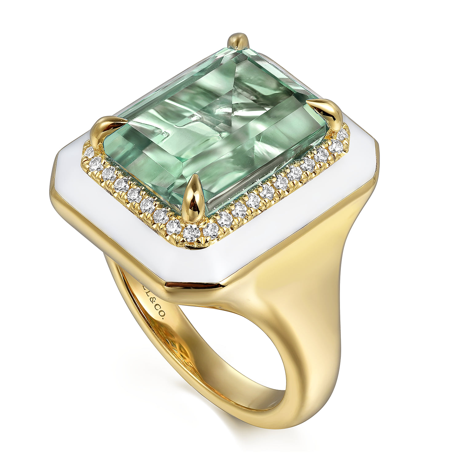 Diamond Halo and Green Amethyst Cocktail Ring with White Enamel in 14K Yellow Gold, photograph 3