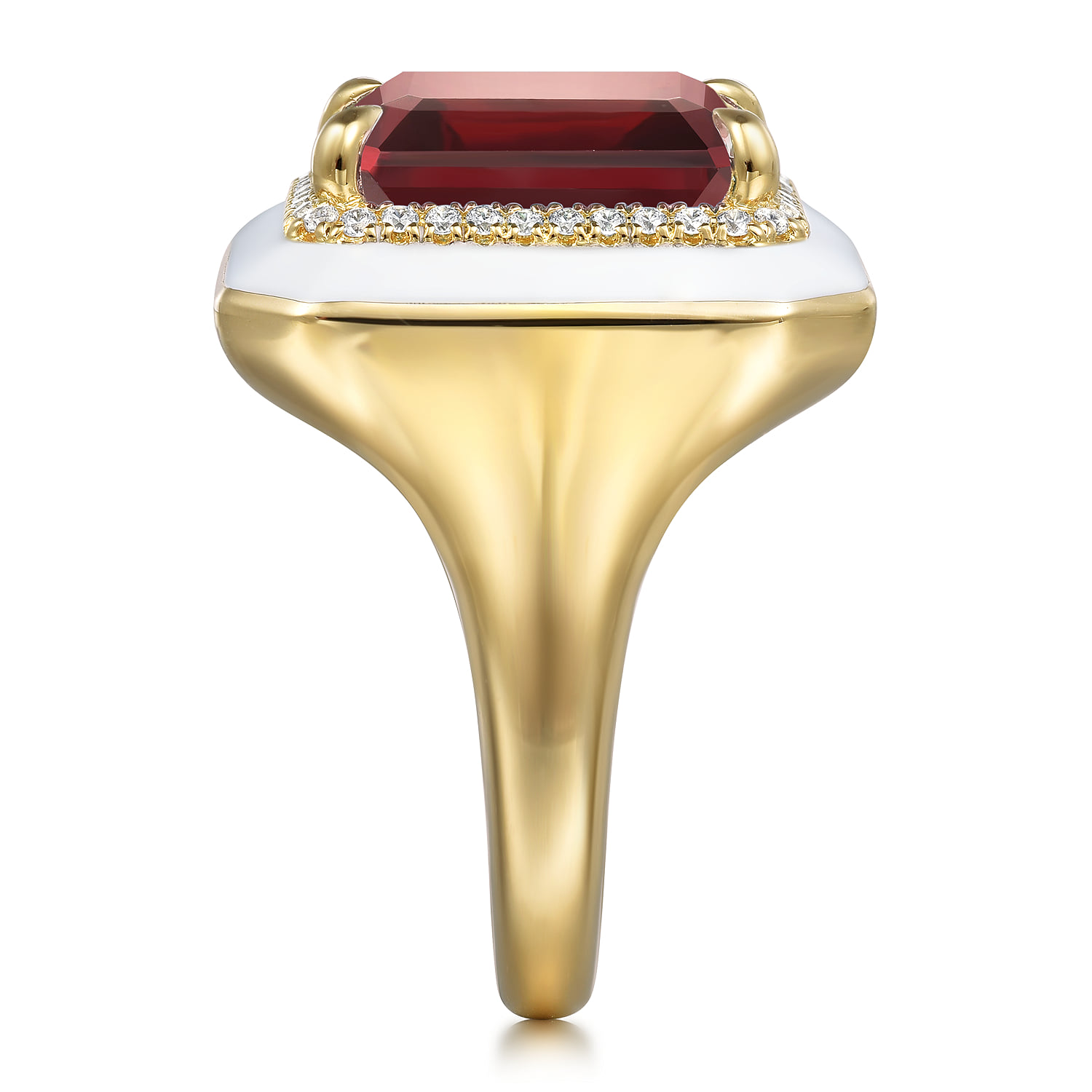 Diamond Halo and Garnet Cocktail Ring with White Enamel in 14K Yellow Gold, photograph 4