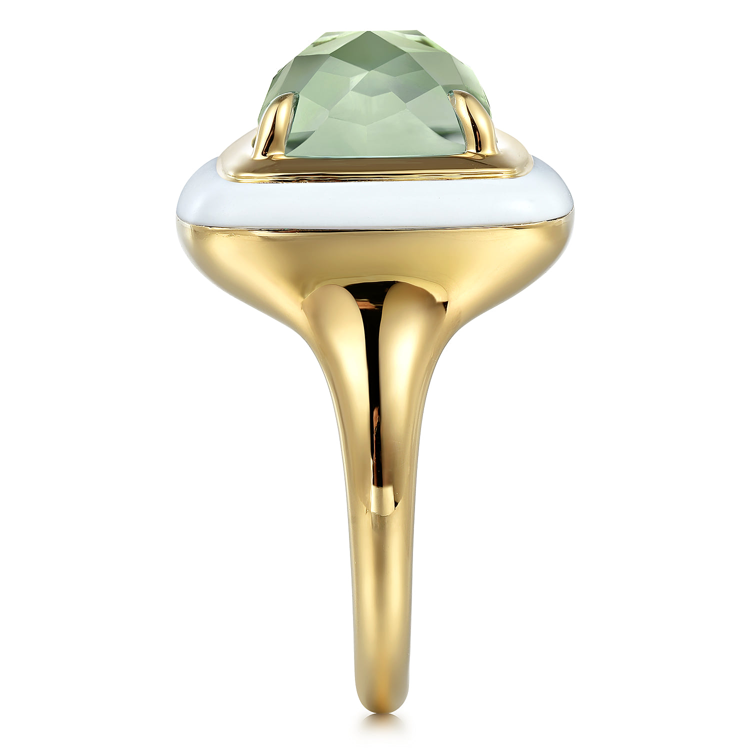 Green Amethyst Cocktail Ring with White Enamel in 14K Yellow Gold, photograph 4