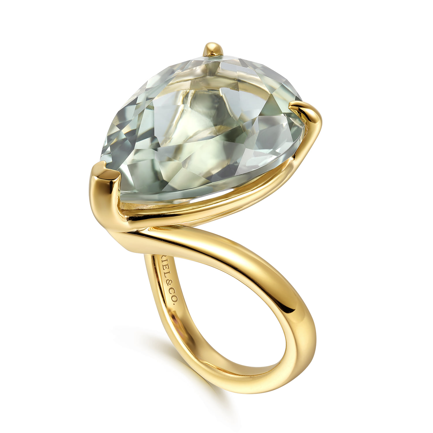 Green Amethyst Pear Ladies Ring in 14K Yellow Gold, photograph 3