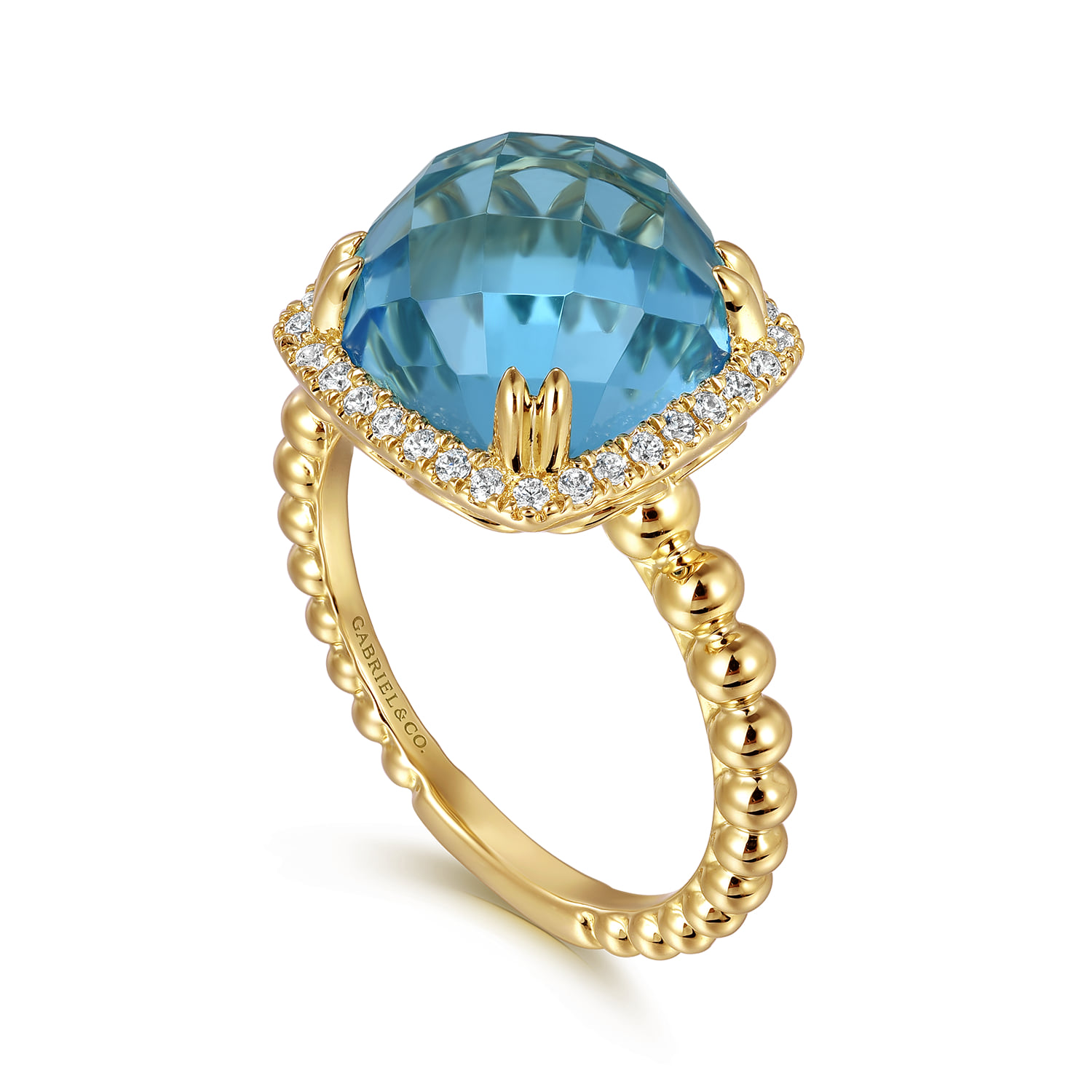 Bujukan Cushion Blue Topaz with Diamond Halo Ring in 14K Yellow Gold, photograph 3