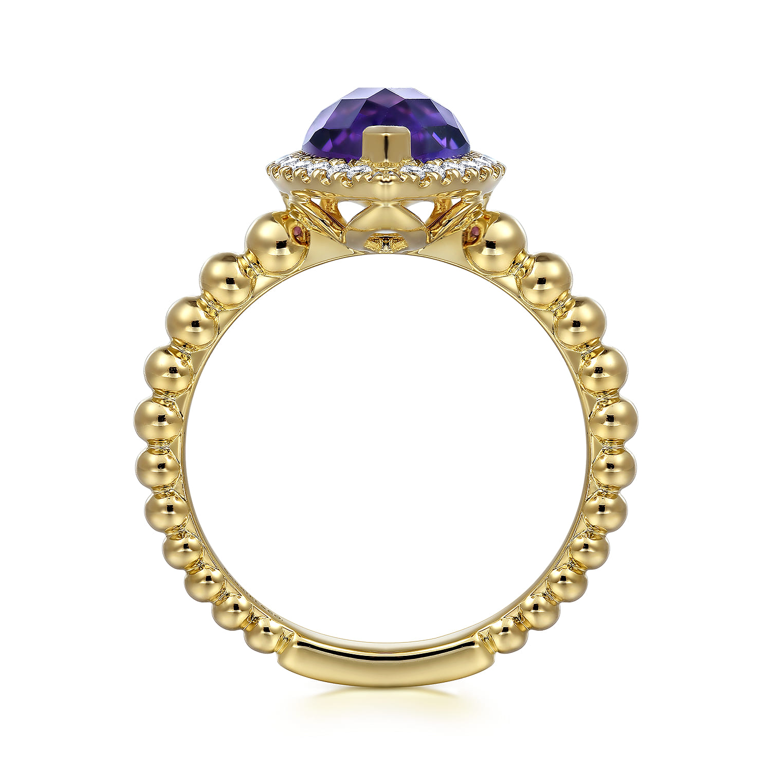Pear Shape Amethyst with Diamond Halo Ring in 14K Yellow Gold, photograph 2