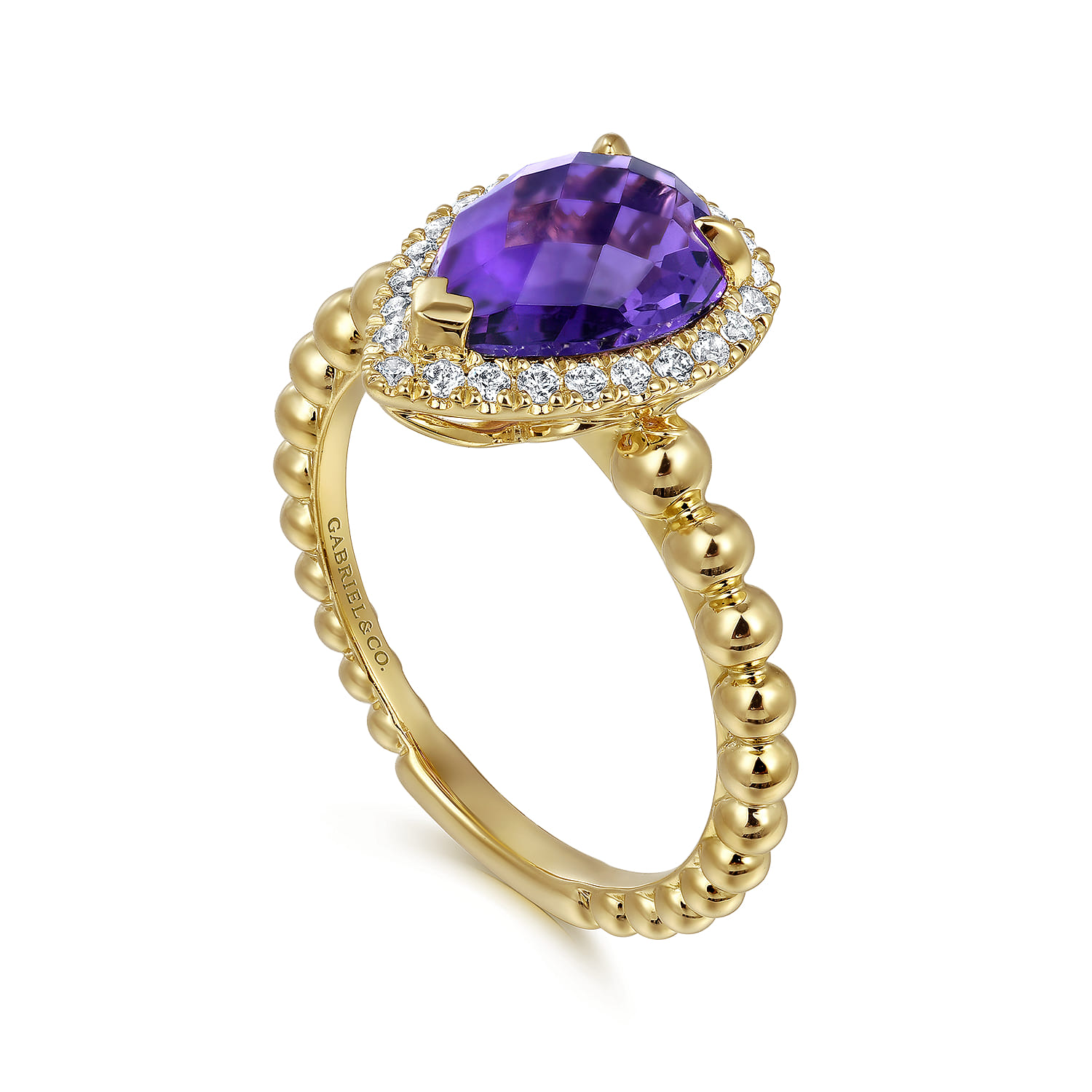 Pear Shape Amethyst with Diamond Halo Ring in 14K Yellow Gold, photograph 3
