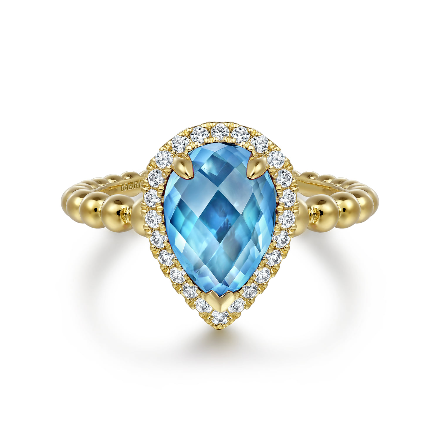 Diamond and Blue Topaz Pear Halo Ring in 14K Yellow Gold