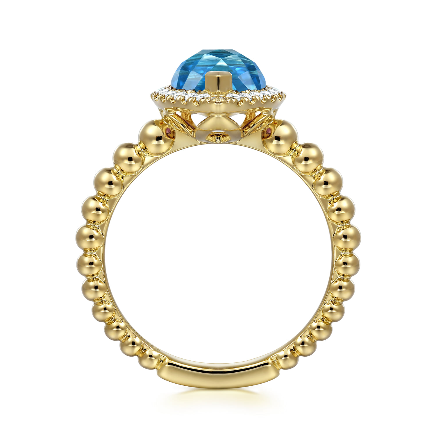 Diamond and Blue Topaz Pear Halo Ring in 14K Yellow Gold, photograph 2