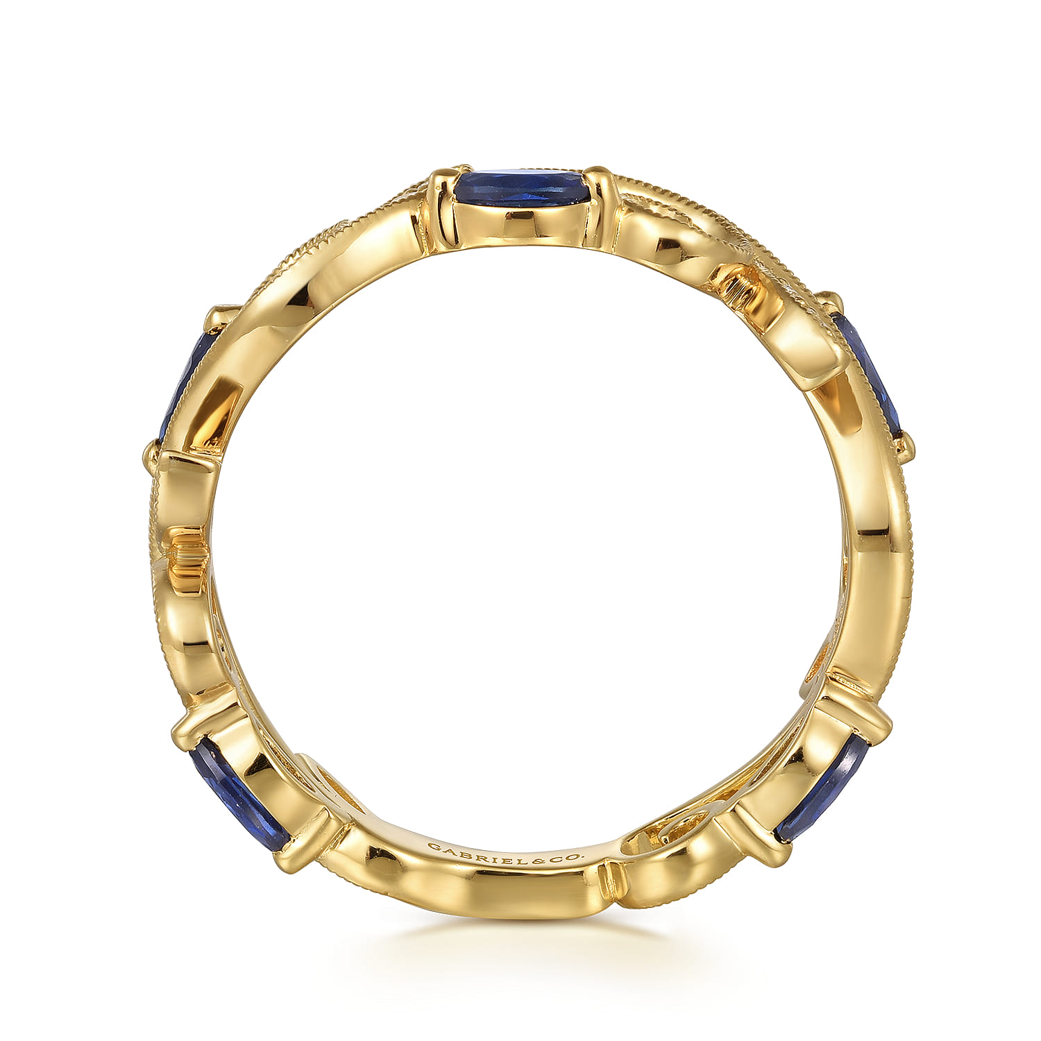 Diamond and Blue Sapphire Filigree Pattern Stackable Ladies Ring in 14K Yellow Gold, photograph 2