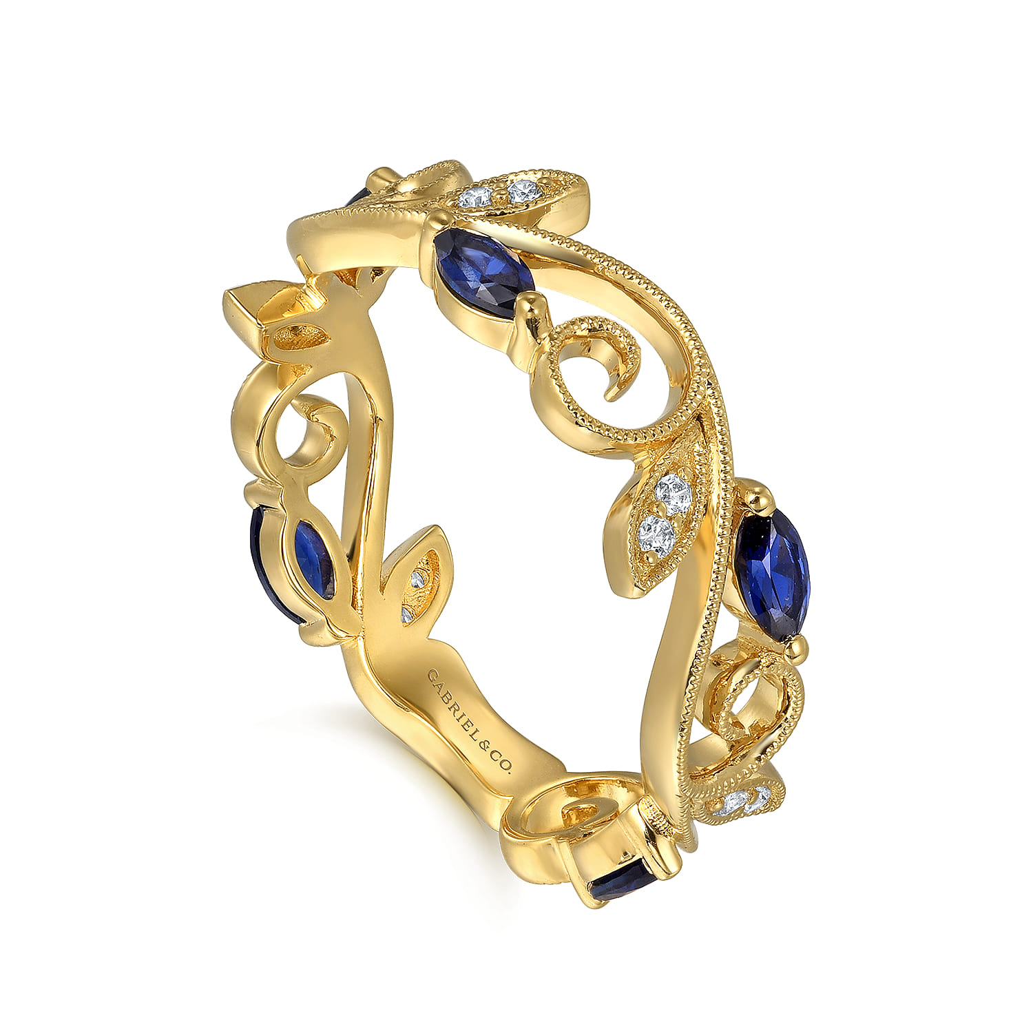 Diamond and Blue Sapphire Filigree Pattern Stackable Ladies Ring in 14K Yellow Gold, photograph 3