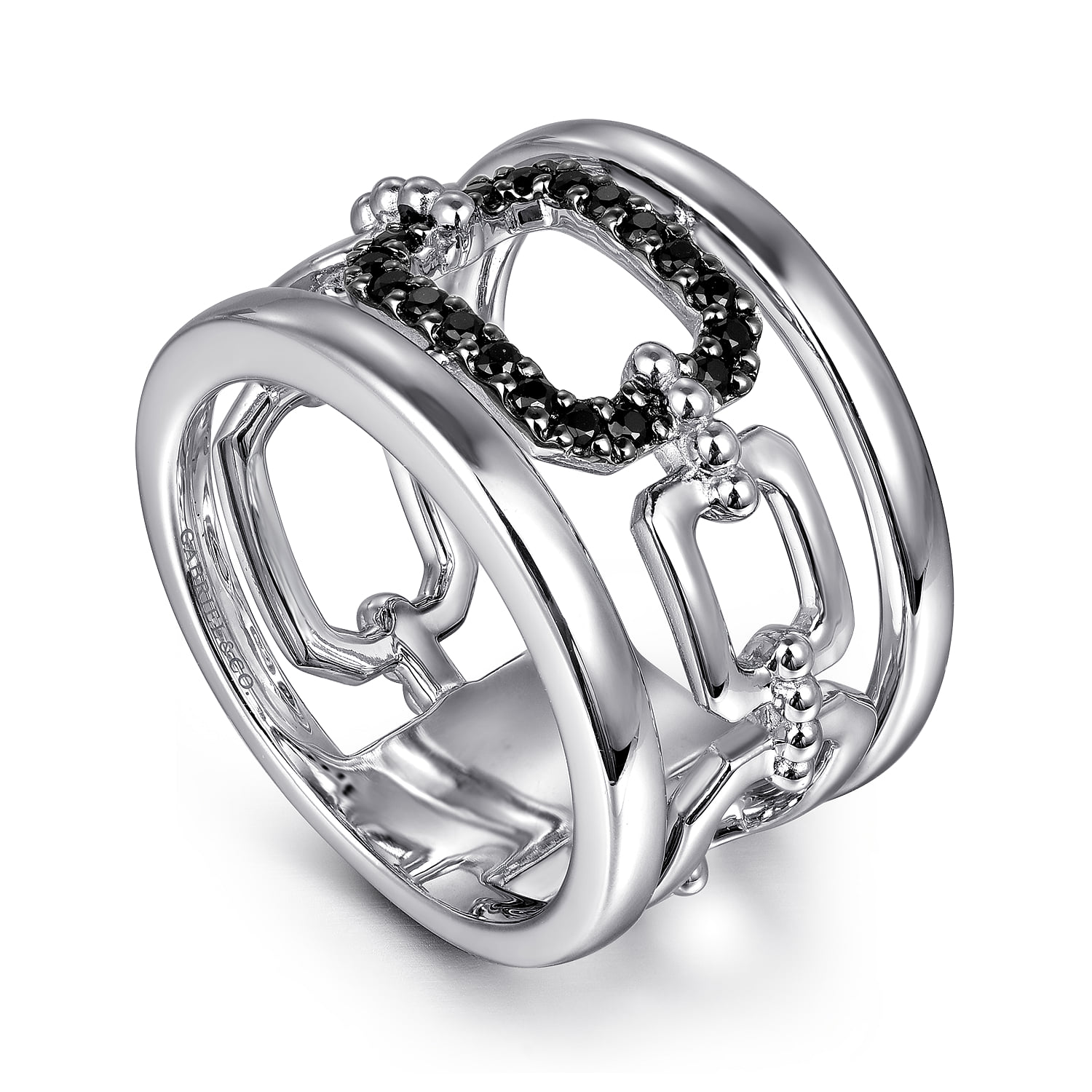 Black Spinel Bujukan Wide Link Chain Band Ladies Ring in Sterling Silver, photograph 3