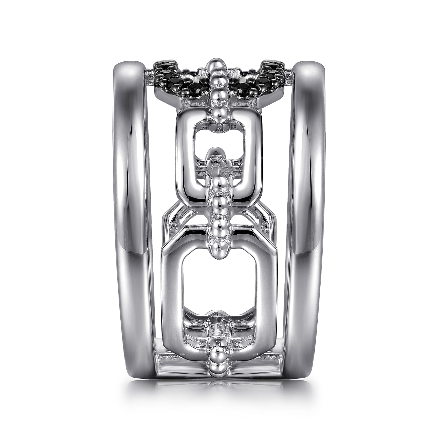 Black Spinel Bujukan Wide Link Chain Band Ladies Ring in Sterling Silver, photograph 4