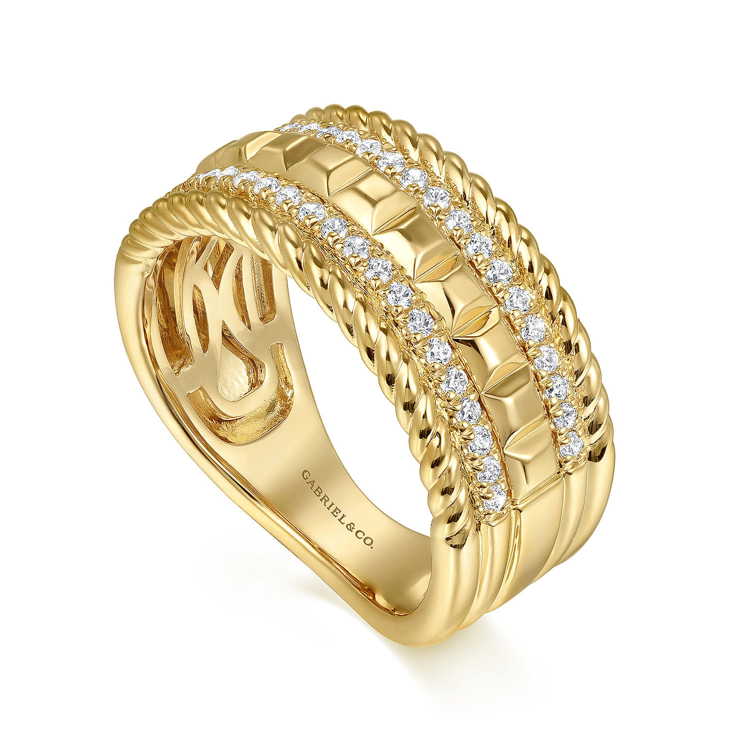 Diamond and Rope Wide Band Ladies Ring in 14K Yellow Gold, photograph 3
