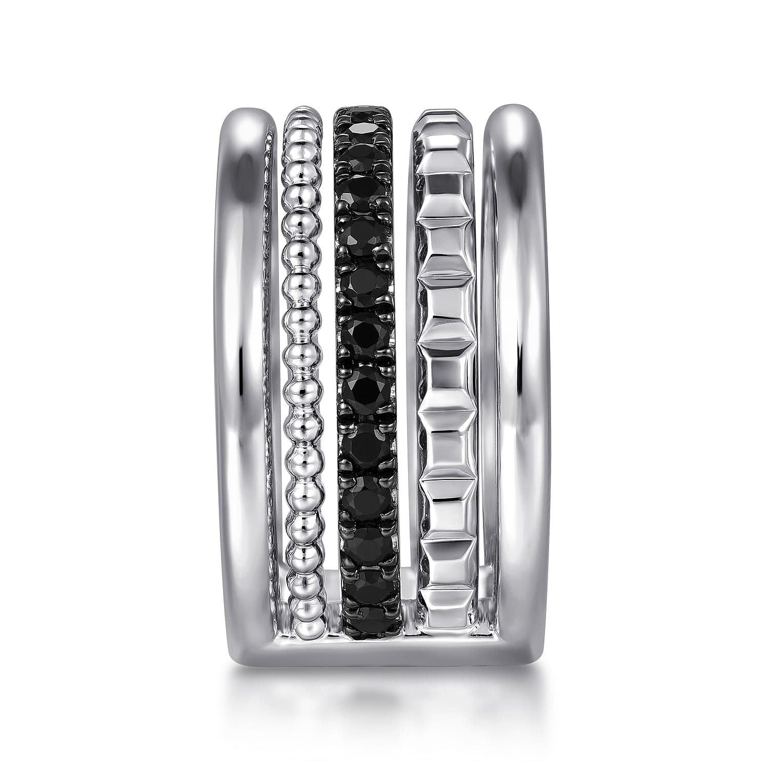 Bujukan Black Spinel and Pyramid Multi Row Easy Stackable Ladies Ring in Sterling Silver, photograph 4
