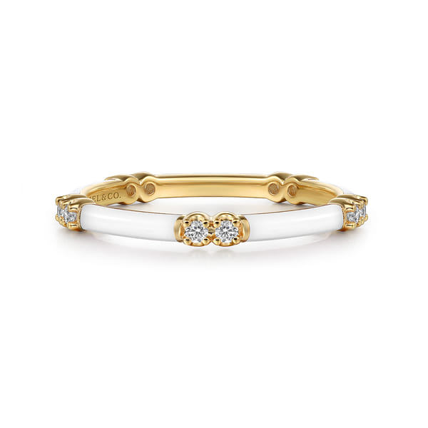 14K Yellow Gold Diamond Station Stackable with White Enamel