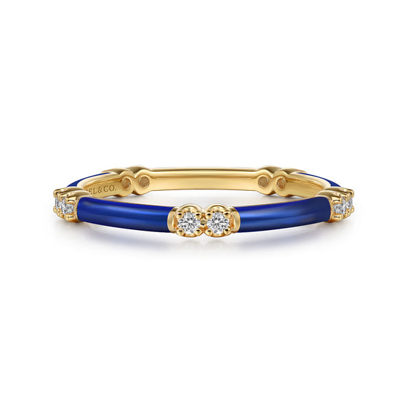 14K Yellow Gold Diamond Station Stackable with Chrome Blue Enamel