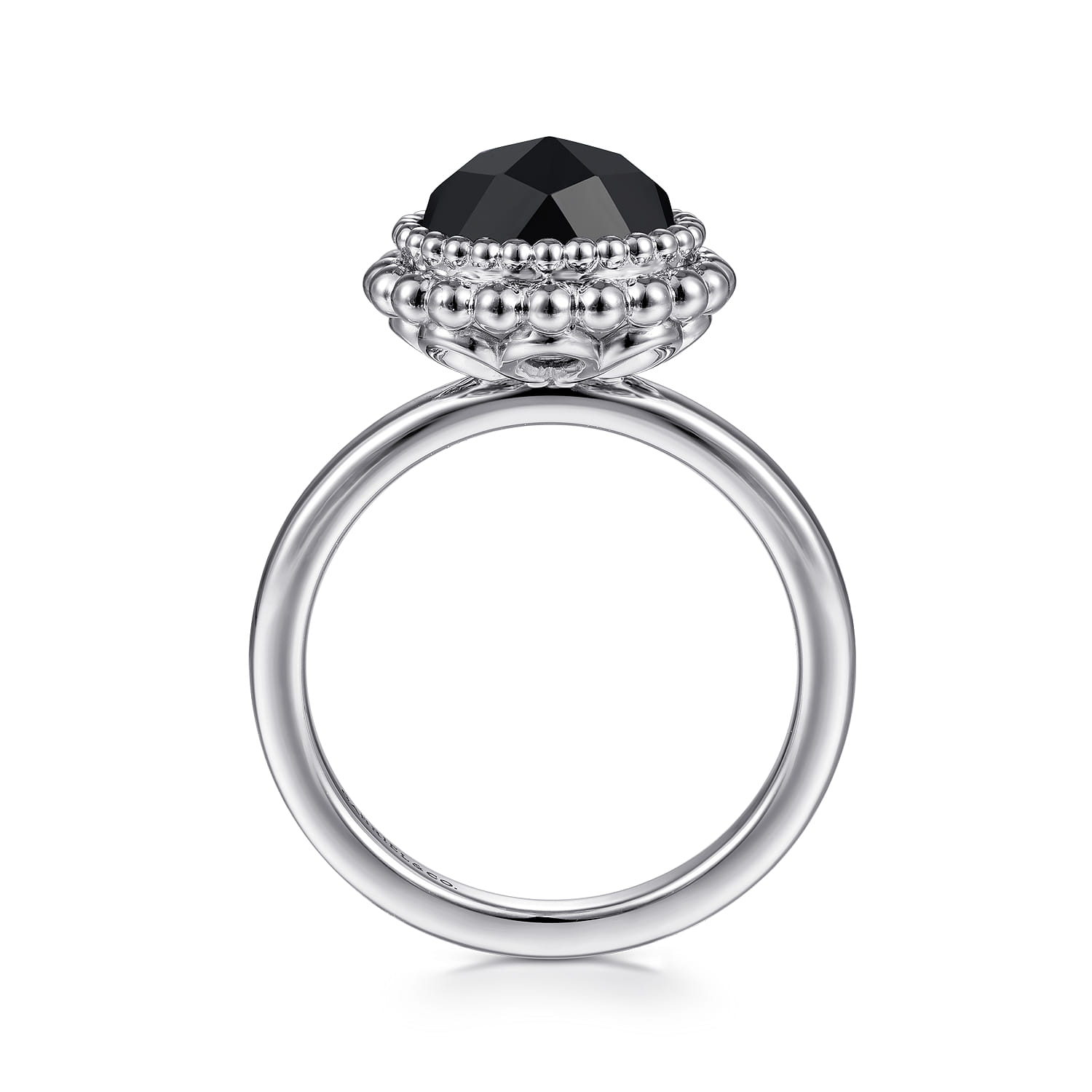 Round Black Onyx Bezel Set Ring with Bujukan Bead Halo in Sterling Silver, photograph 2