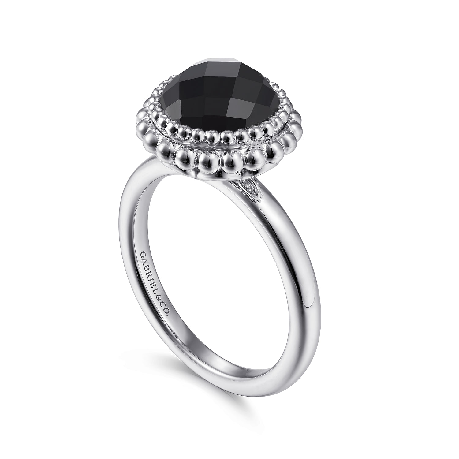 Round Black Onyx Bezel Set Ring with Bujukan Bead Halo in Sterling Silver, photograph 3