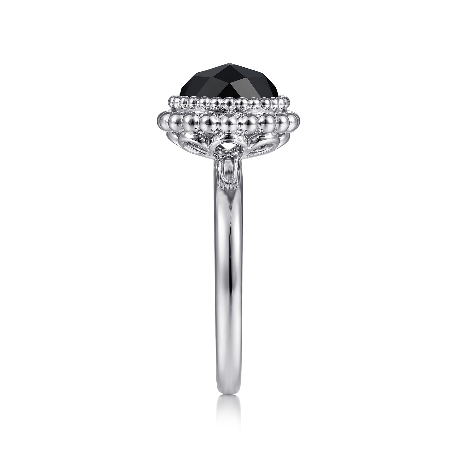 Round Black Onyx Bezel Set Ring with Bujukan Bead Halo in Sterling Silver, photograph 4