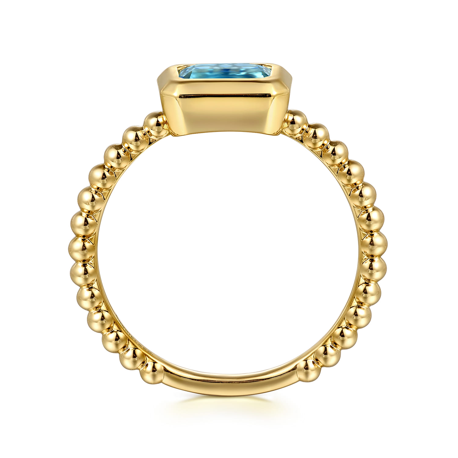 Emerald Cut Blue Topaz Bujukan Promise Ring in 14K Yellow Gold, photograph 2