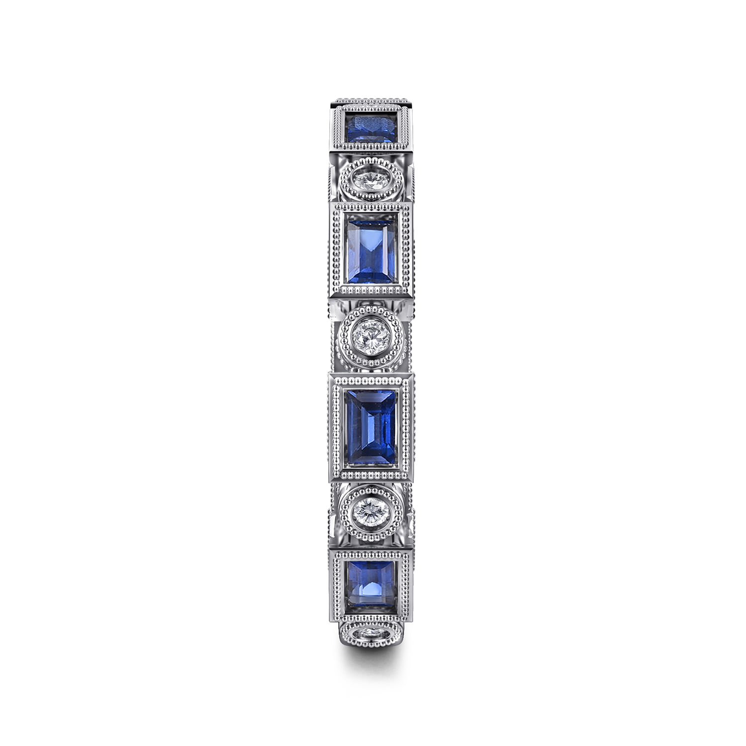 Sapphire Baguette and Diamond Round Stackable Ring in 14K White Gold, photograph 4