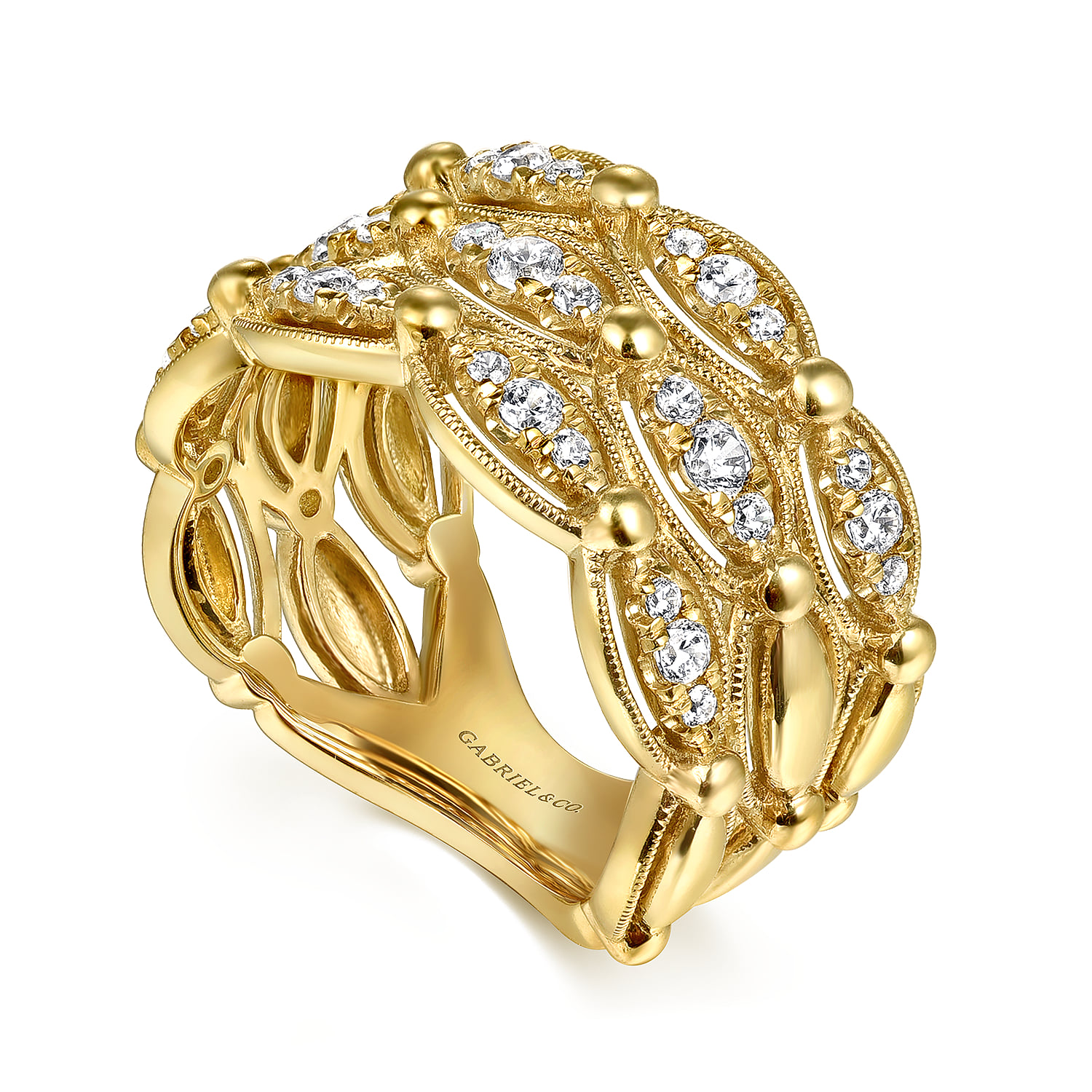 Bujukan Multi Row Diamond Wide Band Ring in 14K Yellow Gold, photograph 3