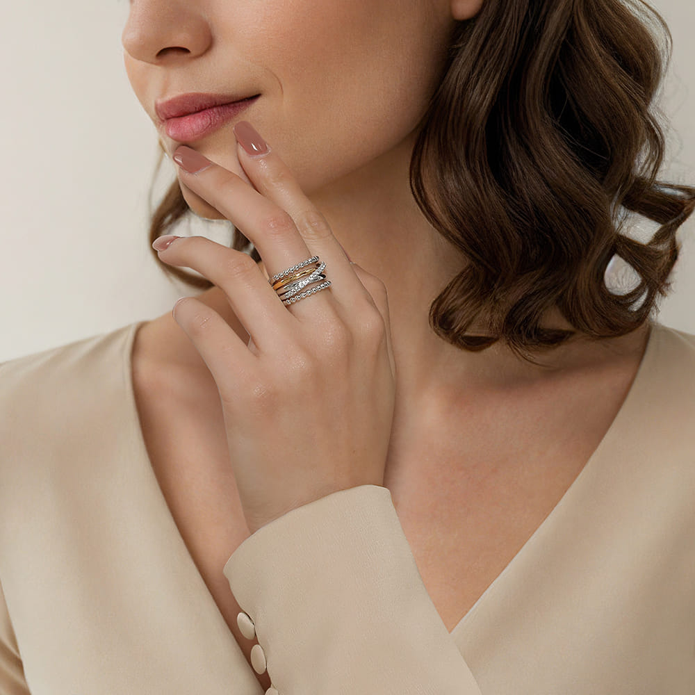 and White Sapphire Wide Band Ring-Bujukan in Sterling Silver & 14K Yellow Gold, photograph 6
