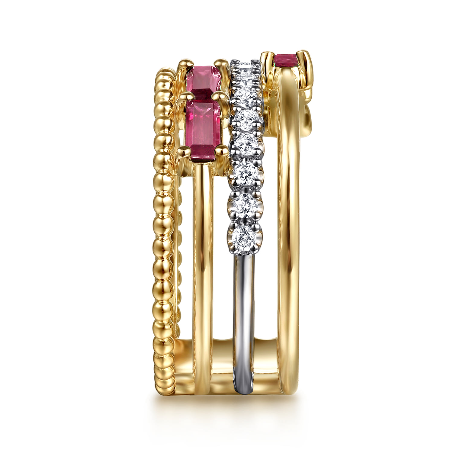Baguette Ruby and Diamond Easy Stackable Ring in 14K White/Yellow Gold, photograph 4