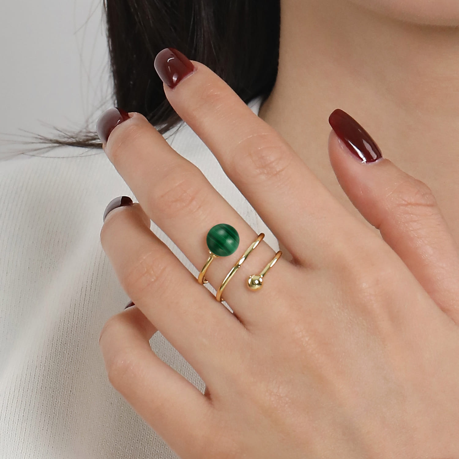Bujukan Beads and Malachite Bypass Ring in 14K Yellow Gold, photograph 5