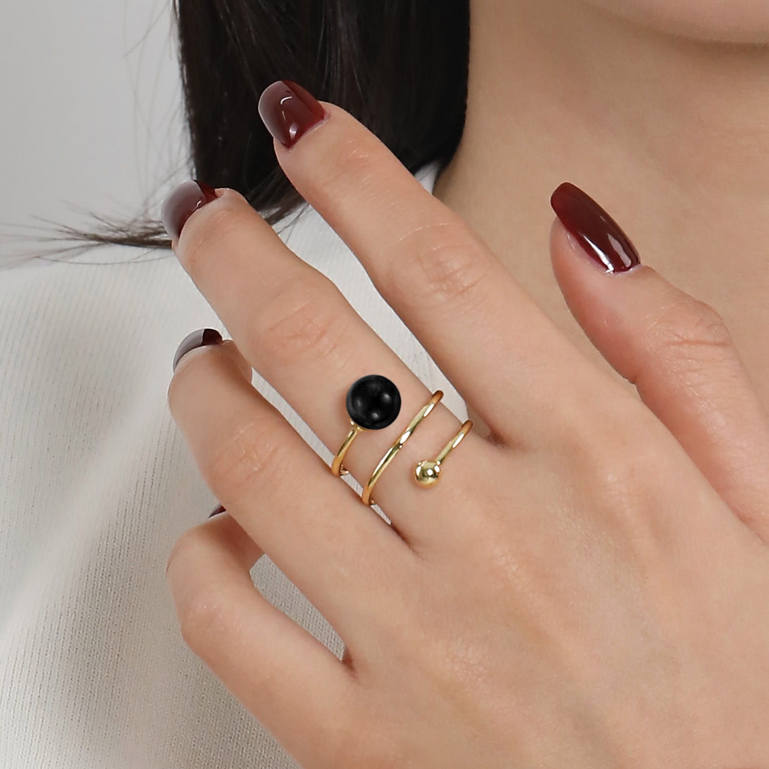 Bujukan Beads and Black Onyx Bypass Ring in 14K Yellow Gold, photograph 5