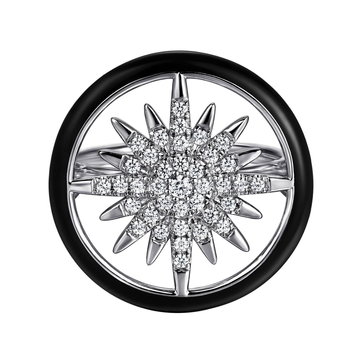 Diamond StarBurst Signet Ring with Enamel in 14K White Gold