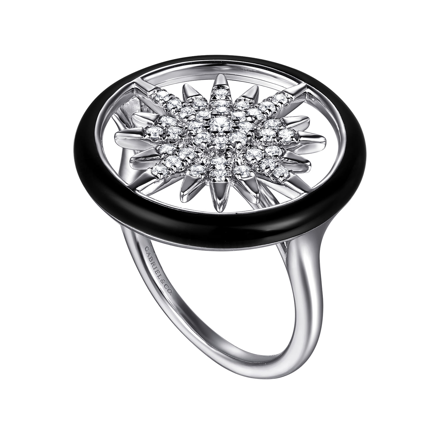 Diamond StarBurst Signet Ring with Enamel in 14K White Gold, photograph 3